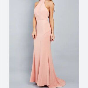 Jarlo mermaid gown maxi dress women's xs 0/2 halter peach pink wedding formal